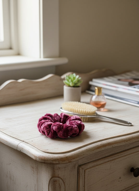 Crocheted velvet hair scrunchie